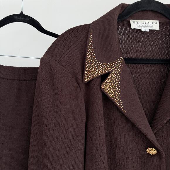 Vintage St John Evening Skirt Suit Set 16 14 Brown Santana Knit Rhinestone Luxur - Picture 3 of 12